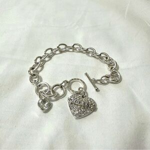 GUESS Women's Bracelet Chain Link Silver Tone /Heart Crystals Charm